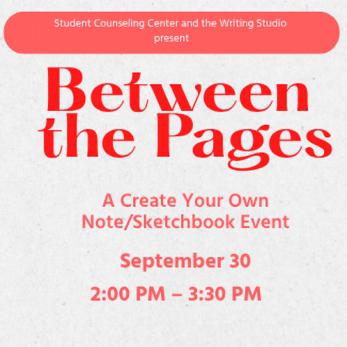 Red icons of a book on the left and a hand holding a quill on the right with the words Between the Pages in the middle