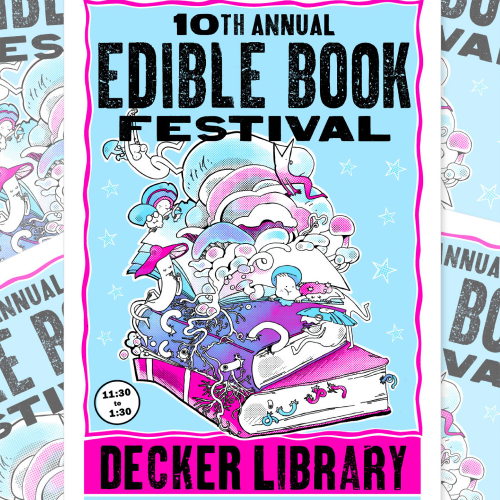 Illustrated characters on top of purple and pink books, with the words 10th Annual Edible Book Festival on top 