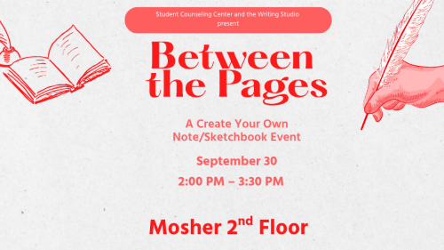 Red icons of a book on the left and a hand holding a quill on the right with the words Between the Pages in the middle