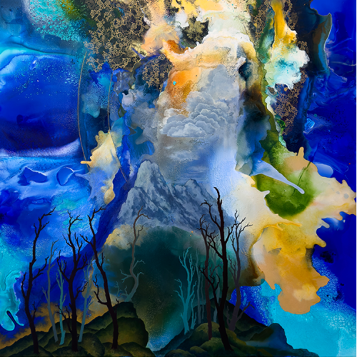 Left image: Kira Nam Greene "Room of Her Own (Saya)" 2022, oil, watercolor, gouache, acrylic marker and colored pencil on canvas, 50” × 40”     Right image: Hedieh Ilchi "We Are Whirled Asunder" 2024–5, acrylic on Dibond, 72” × 54”