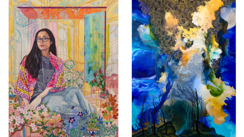 Left image: Kira Nam Greene "Room of Her Own (Saya)" 2022, oil, watercolor, gouache, acrylic marker and colored pencil on canvas, 50” × 40”     Right image: Hedieh Ilchi "We Are Whirled Asunder" 2024–5, acrylic on Dibond, 72” × 54”