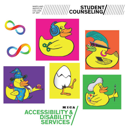 Image with the SCC logo in black on top and the ADS logo in green on the bottom.  In the middle are two rainbow infinity symbols for autism awareness along with various rubber duck mascot illustrations for SCC on colorful backgrounds.