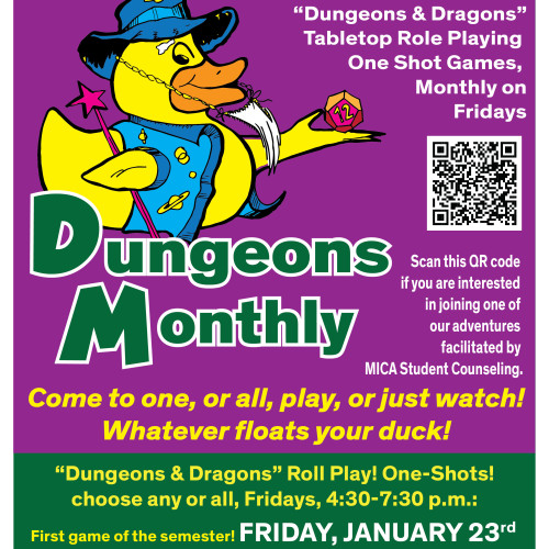 Same text as the description above. Student Counseling Center logo in white letters on a black rectangle  and a cartoon of a yellow rubber duck dressed as a wizard with blue robes and a pointy blue hat with stars on it over a purple background