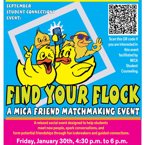 Text is the same as the body above.  Cyan blue above a hot pink rectangle background holds the text. Over the top blue part, the SCC logo with dark blue letters on a yellow rectangle and a cartoon image of four yellow rubber ducks taking a selfie in a pic