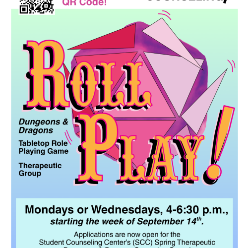Promotional flyer for "Roll Play!," a therapeutic Dungeons & Dragons group hosted by the MICA Student Counseling Center. The design features a large pink 20-sided die with folded paper accents on a blue and green gradient background. The fly