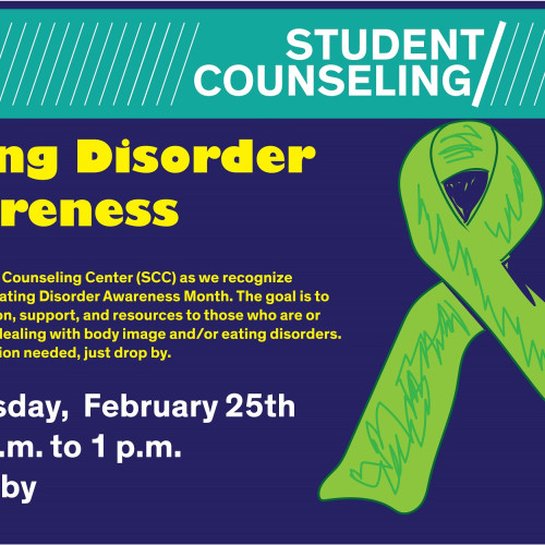 Text is the same as the body above.  SCC logo with white letters on aqua rectangle. Graphics is a green ribbon over a blue background text for Eating Disorder Awareness is in yellow with yellow and white text beneath