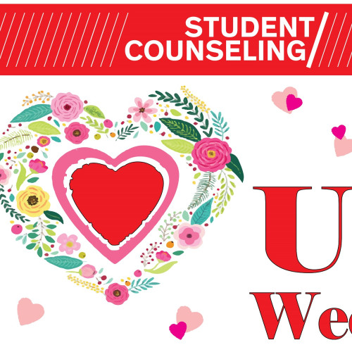 Student Counseling Center logo in white letters over red; I [Heart] You Week logo, Valentine heart logo