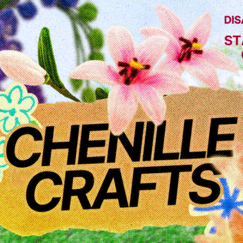 Image features crafted blooms made from chenille pipecleaners. A paper sign with floral doodles displays the text "CHENILLE CRAFTS" in bold, black lettering. Event details in the upper right corner state, "Accessibility & Disability Ser