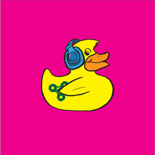 Cartoon images of a yellow rubber duck with a fidget spinner and headphones on a  hot pink background