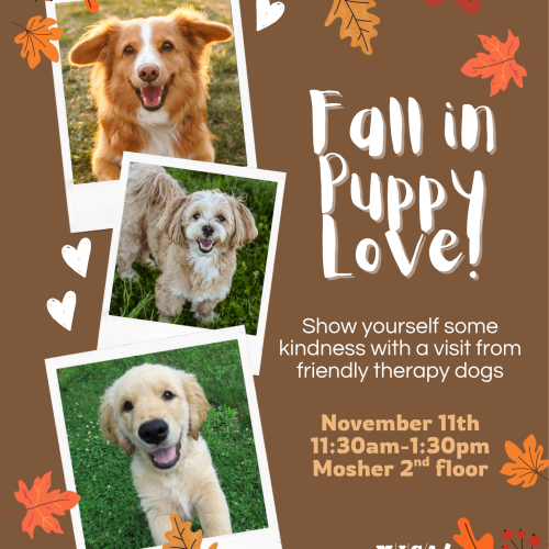 Fall-themed “Fall in Puppy Love!” event flyer featuring three photos of smiling therapy dogs surrounded by illustrated autumn leaves. Text reads: “Show yourself some kindness with a visit from friendly therapy dogs.” Event is November 11, 11:30 a.m.–1:30 