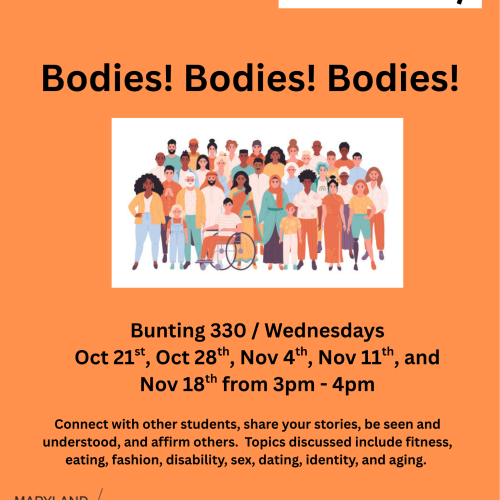 Promotional flyer for "Bodies! Bodies! Bodies!," a discussion group hosted by the MICA Student Counseling Center. The flyer has an orange background with an illustration of a diverse group of people of different ages, races, body types, gender e