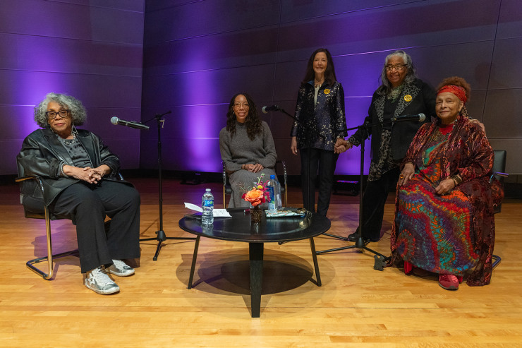 Left to right: Lowery Stokes Sims, PhD; Amy Sherald ’04 (LeRoy E. Hoffberger School of Painting MFA); MICA president Cecilia M. MdCormick, JD; Leslie King-Hammond, PhD; and Joyce J. Scott.