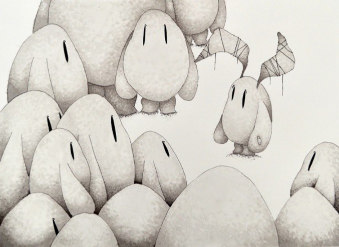 Drawing of a crowd of small blobs. One of the blobs has antlers and the others are crowded around.