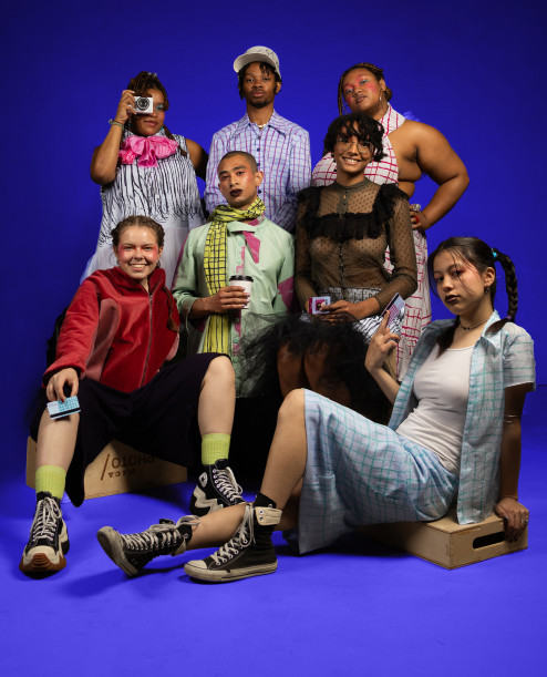  Kai Nunnally ’26 (Fiber BFA), second row on the right, and student models wearing her Mode of Transport  collection, 2026.