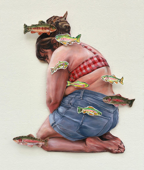 Malyssa Ollar ’28 (GFA and History of Art, Design, and Visual Culture BFA) Image credit: Pink Stripe (Cross My Mind), 2026, acrylic, thread, fabric, glass. 27 x 25 inches beads, paper, crayon, and fishing wire on shaped canvas
