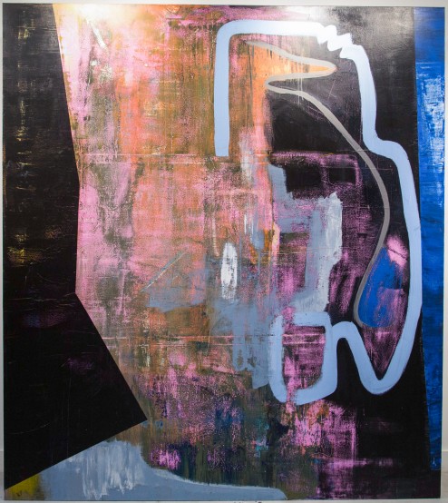 Abstract painting, a thick blue line encircles geometric black and purple shapes.