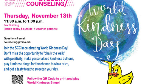 SCC logo in pink above a "brushed" blue and green globe with the words World Kindness Day is script in white over the globe. Text is the same as the content above.  Globe is being held in the air by a cartoon of a yellow rubber duck.