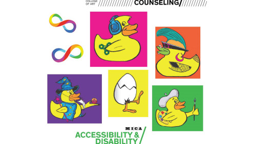 Image with the SCC logo in black on top and the ADS logo in green on the bottom.  In the middle are two rainbow infinity symbols for autism awareness along with various rubber duck mascot illustrations for SCC on colorful backgrounds.