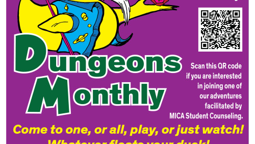 Same text as the description above. Student Counseling Center logo in white letters on a black rectangle  and a cartoon of a yellow rubber duck dressed as a wizard with blue robes and a pointy blue hat with stars on it over a purple background