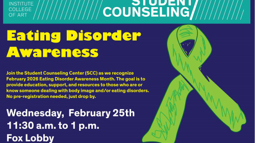 Text is the same as the body above.  SCC logo with white letters on aqua rectangle. Graphics is a green ribbon over a blue background text for Eating Disorder Awareness is in yellow with yellow and white text beneath
