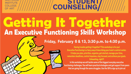 Cartoon of a yellow rubber duck with a calendar and checklist under wing. Orange background with yellow and white text above a block of fuchsia .  Text is the same as the description text