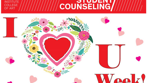 Student Counseling Center logo in white letters over red; I [Heart] You Week logo, Valentine heart logo