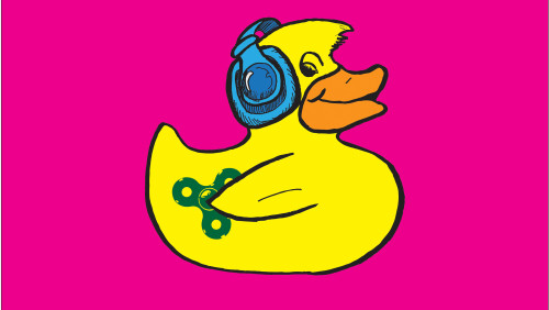 Cartoon images of a yellow rubber duck with a fidget spinner and headphones on a  hot pink background