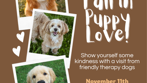 Fall-themed “Fall in Puppy Love!” event flyer featuring three photos of smiling therapy dogs surrounded by illustrated autumn leaves. Text reads: “Show yourself some kindness with a visit from friendly therapy dogs.” Event is November 11, 11:30 a.m.–1:30 