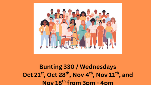 Promotional flyer for "Bodies! Bodies! Bodies!," a discussion group hosted by the MICA Student Counseling Center. The flyer has an orange background with an illustration of a diverse group of people of different ages, races, body types, gender e