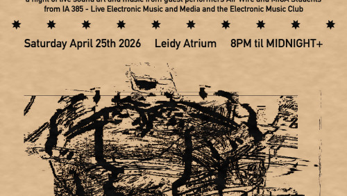 A poster reminiscent of a wanted poster with a picture of Jason Sloan's face manipulated in generative ways. Brown Auditorium, Saturday April 25th, 8pm to after midnight